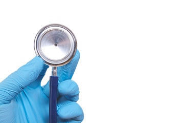 Doctor's hand in blue medicine glove with stethoscope isolated white background