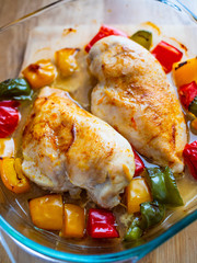 Roast chicken breast and vegetables in glass pan
