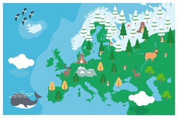 The world map with cartoon animals for kids, nature, discovery, Europe. vector Illustration.
