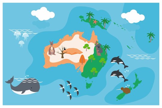 The world map with cartoon animals for kids, nature, discovery, Australia. vector Illustration.