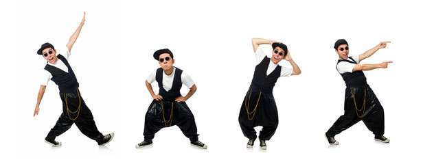 Funny young man dancing isolated on white