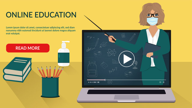 Online Education Banner In Flat Style. Of Teacher. Vector Illustration Banner Design