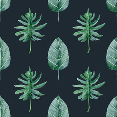 Watercolor tropical floral greenery seamless pattern on dark background. Exotic florals
