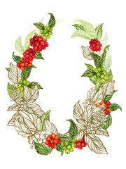 Set of coffee beans and foliage leaves graphic style hand drawn golden watercolor sketch