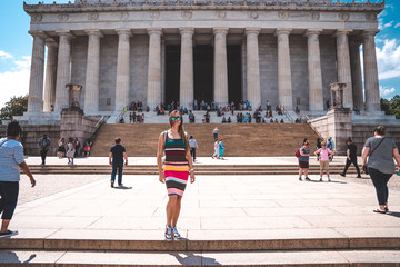 Young girl, tourist exploring Lincoln Memorial in the National Mall, Washington DC. Lincoln Memorial