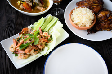 Thai food - spicy Shrimp salad with garlic and basil