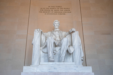 Abraham LIncoln statue inside Lincoln Memorial, built to honor the 16th President of the United...