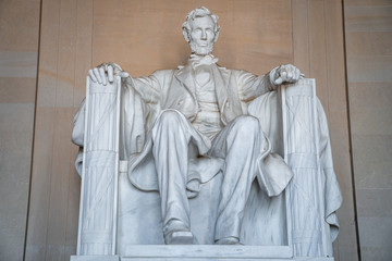 Abraham LIncoln statue inside Lincoln Memorial, built to honor the 16th President of the United...