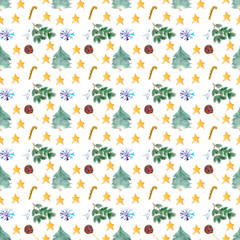 Watercolor New Year seamless pattern with christmas tree,sweet, cake. Winter design for textile, fabric, wrapping paper, wallpaper, print, postcard, poster,kids.