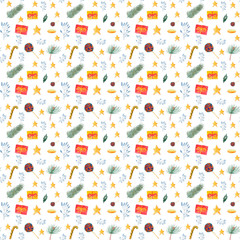 Watercolor New Year seamless pattern with present, sweet, christmas tree. Winter design for textile, fabric, wrapping paper, wallpaper, kids, poster, postcard.