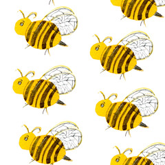 Seamless pattern with watercolor bees. Design for kids, fabric, textile, wrapping paper.