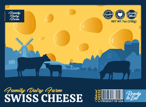 Vector swiss cheese packaging or label design with rural landscape, cows and calves. Realistic cheese illustration