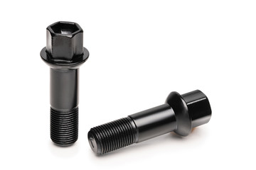 black wheel bolts, car fasteners. isolate on a white background, close-up