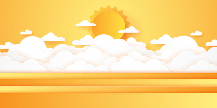 Summer Time, Cloudscape, cloudy sky with bright sun, paper art style
