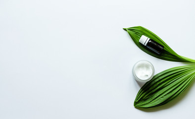 Natural organic beauty product concept with green leaf, cream, and essential oil on white background. Spa, skin care, body treatment. Top view, flat lay. 