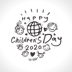 Happy children's day. Bright logo. Joyful smiling boys and girls template to the International Children's Day 2020. Vector inscription and globe and funny kids.