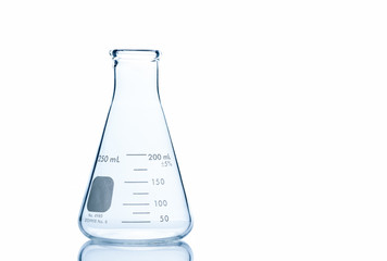 Empty 250  ml. Erlenmeyer flask on reflective isolated on  white background