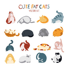 Fototapeta premium Cute fat cats of different breeds in various poses. Vector set Childish hand-drawn illustration in simple cartoon style in pastel colors.