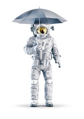 Astronaut with umbrella / 3D illustration of space suit wearing male figure holding umbrella isolated on white studio background © grandeduc