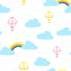 Balloons in the clouds. Baby vector seamless pattern in simple hand-drawing style. Good for textiles, fabrics, bedding, wrapping paper, scrapbooking, etc.