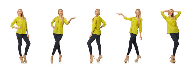 Woman in yellow shirt isolated on white