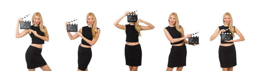Woman holding movie clapboard isolated on white