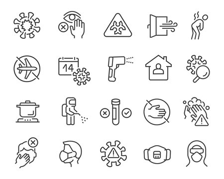 Flu And Coronavirus Icons Set. Collection Of Linear Simple Web Icons Such As Virus, Prevention, Quarantine, Incubation Period, Test, Disinfection, Mask, Symptoms, Protection, Infected Zone, Etc