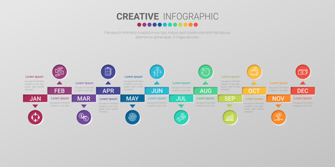 Year planner, 12 months, 1 year, Timeline infographics design vector and Presentation business can be used for Business concept with 12 options, steps or processes. 