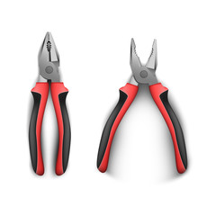 Open and closed two pliers, with rubber black and red handles. realistic vector illustration on a white background. Hand tools for repair, construction and maintenance