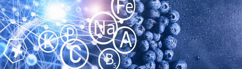 Water drops on ripe sweet blueberry. Fresh blueberries background with copy space for your text. Vegan and vegetarian concept. Macro texture of blueberry berries.