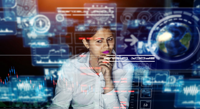 Latina woman watching hologram screens. GUI (Graphical user interface). - Powered by Adobe