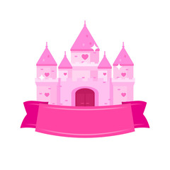 Fototapeta premium Flat vector illustration of princess castle with pink ribbon. Fairytale royal palace with gate and heart shape windows