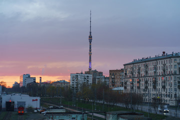 Fototapeta na wymiar Moscow pink spring sunset. The beauty of the city and nature. Coronavirus pandemic time.