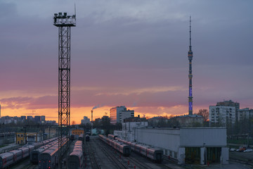 Moscow pink spring sunset. The beauty of the city and nature. Coronavirus pandemic time.