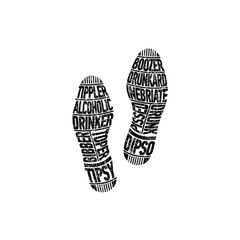 Trace of an alcoholic. The unique imprint of a person’s shoes determines his lifestyle. Vector illustration, isolated object on a white background.