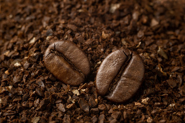 Two coffee beans macro on coarse ground coffee