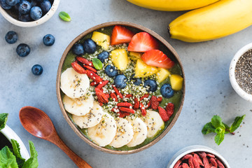 Healthy Smoothie Bowl With Superfood Toppings. Concept Of Vegan Vegetarian Diet, Clean Eating,...
