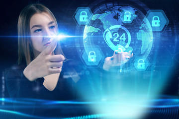 Business, Technology, Internet and network concept. Young businessman working on a virtual screen of the future and sees the inscription: