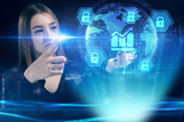 Business, Technology, Internet and network concept. Young businessman working on a virtual screen of the future and sees the inscription: