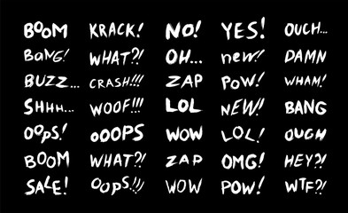 Vector collection of phrases, and comic words for sales, chats, and expressive messages. Set with black and white lettering on a white background.