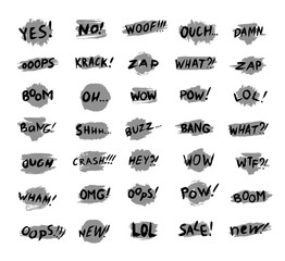 Vector collection of speech bubbles, words with backdrops, and lettering templates. Yes, no, new, sale, woof, what, boom, wow, bang, ouch, omg, pow, zap, lol, oops, crash, and many different words.