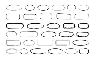 Collection of textured round frames isolated on white background. Set of black templates with splashes and spray in form circle and o-shaped, and elliptical in a dirty and freehand style.