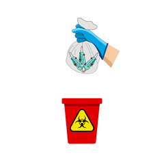 Hands are wearing gloves and carrying a garbage bag containing a virus-infected mask above the red bin that has the symbol of an infected waste.  How to dispose of surgical masks correctly  Flat Desig