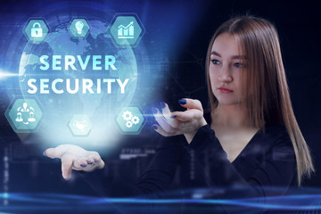 Business, Technology, Internet and network concept. Young businessman working on a virtual screen of the future and sees the inscription: Server security