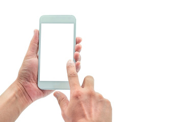 Close-up shot of Man hand holding white mobile smartphone and use pointing with finger for touch on screen. blank white screen display for mock-up isolated on white background with clipping path.