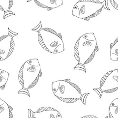 Seamless pattern with fish.A fish with a large sharp fin.Marine theme.Doodle style.Black and white image.Vector illustration