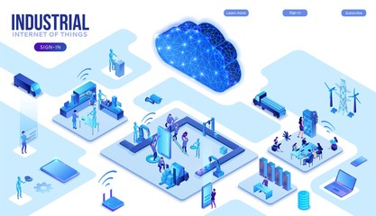 Industrial internet of things infographic illustration, blue neon concept with factory, electric power station, cloud 3d isometric icon, smart logistic transport system, mining machines - 343128485