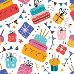 Birthday cream cakes, gift boxes, garlands flat vector seamless pattern. Hand drawn background for a party, holiday for children, festival. Decoration in the Scandinavian style. Party decorative items