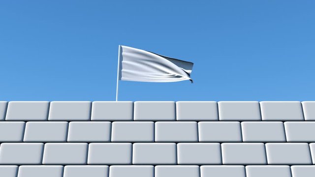 Complete capitulation. A white flag appears behind a white brick wall, waving on a blue background.