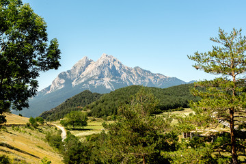 Pedraforca mountain seen from the village of Gisclareny, Bergada, Barcelona, Spain.